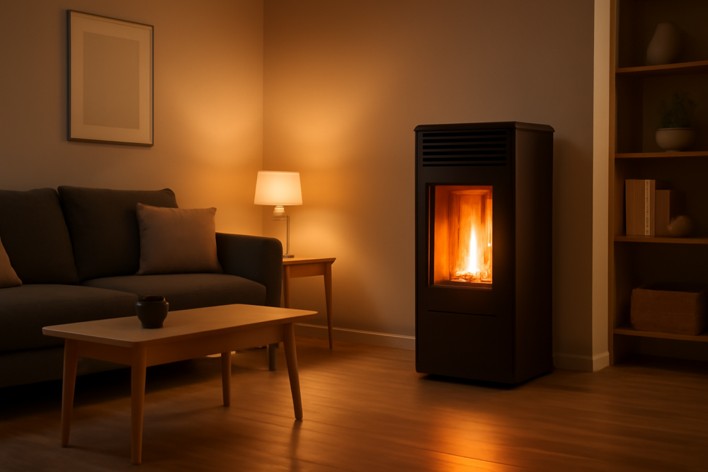 Elite Fire pelletkachel in een moderne woonkamer met warme sfeerverlichting