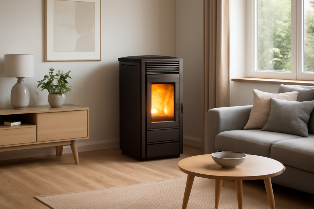 Moderne pelletkachel in een woonkamer met warme vlam en sfeervolle verlichting