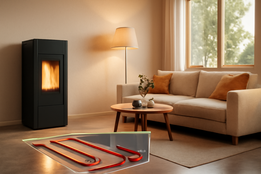 Pelletkachel met watermantel gekoppeld aan vloerverwarming in moderne woonkamer