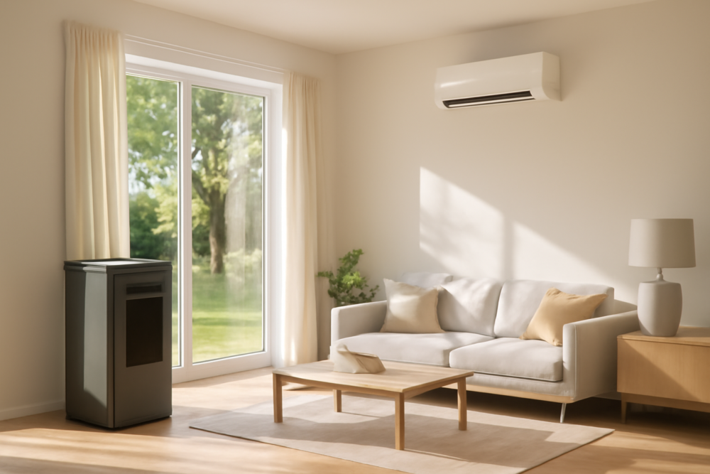 Pelletkachel en airco in moderne woonkamer voor verwarming en koeling jaarrond