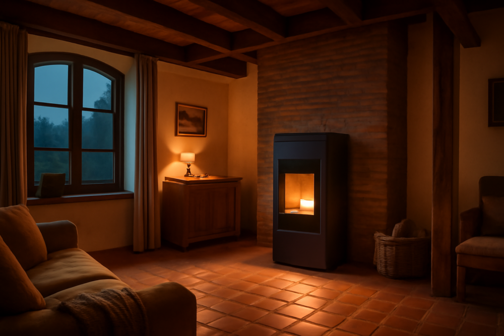 Moderne pelletkachel in een gezellige Limburgse woonkamer met warme sfeerverlichting