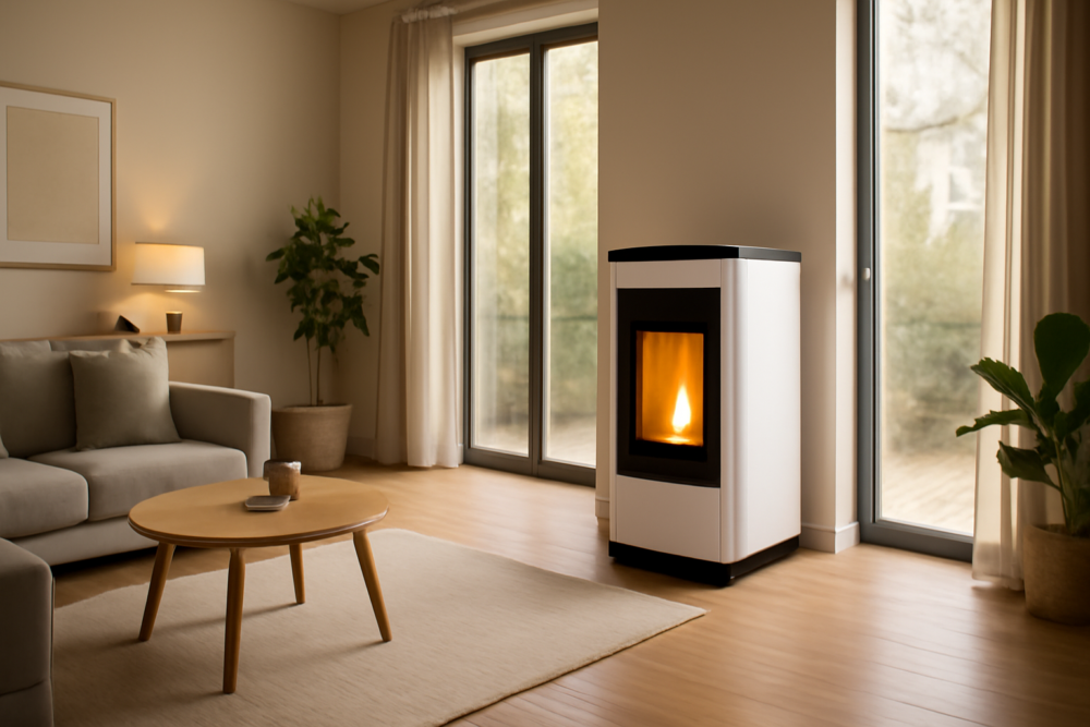 Moderne pelletkachel in een gezellige woonkamer met houten vloer en warm licht
