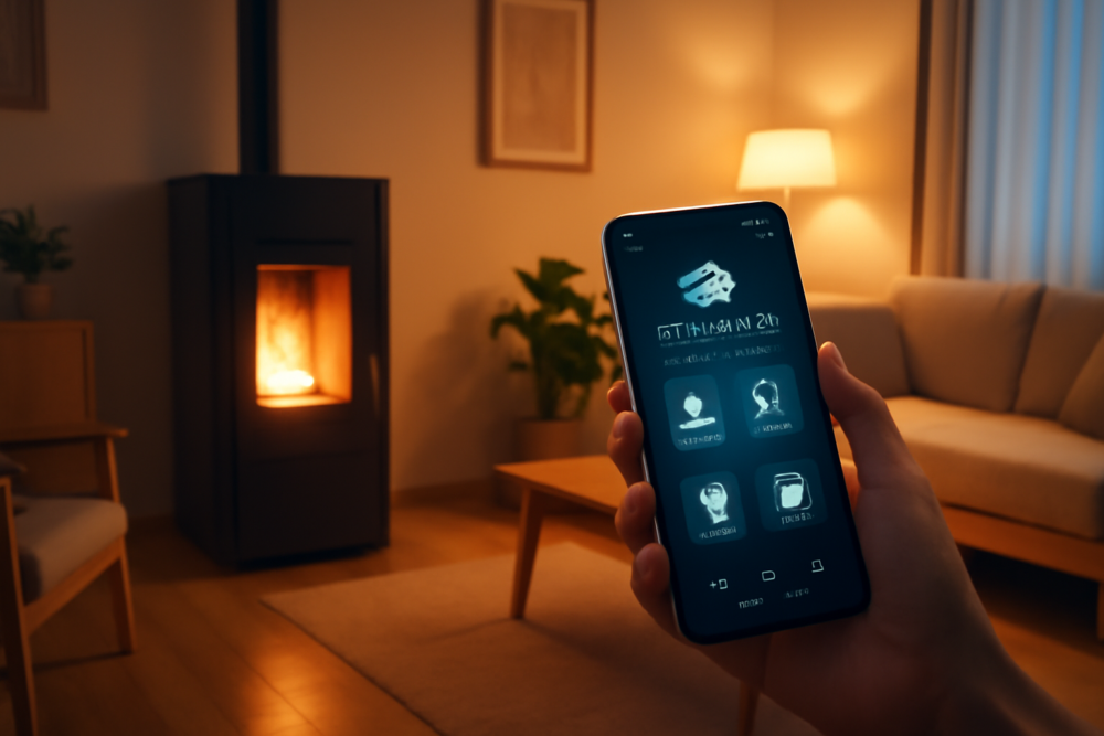 Smartphone met pelletkachel wifi app bediening in moderne woonkamer