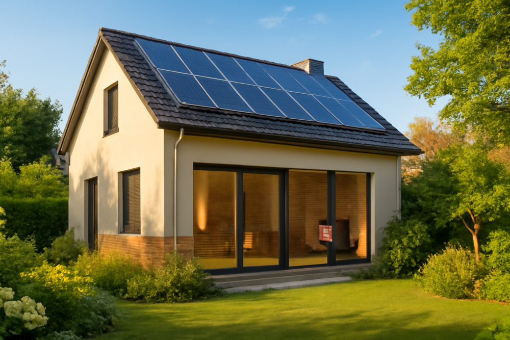 Huis met zonnepanelen op dak en pelletkachel zichtbaar binnen, zomerse dag