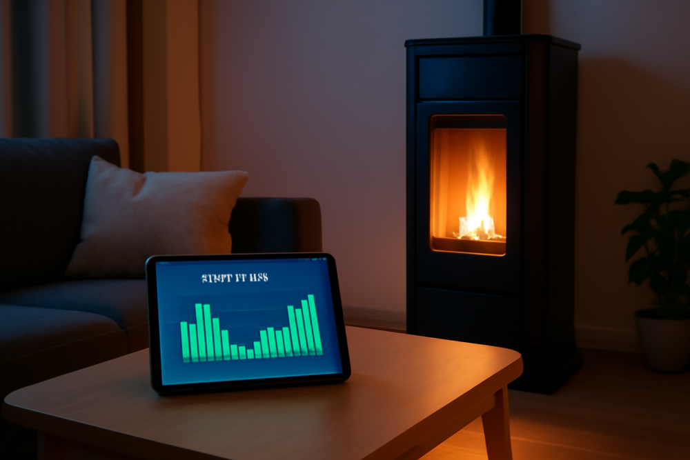 Pelletkachel in woonkamer naast tablet met dynamische energieprijzen op scherm