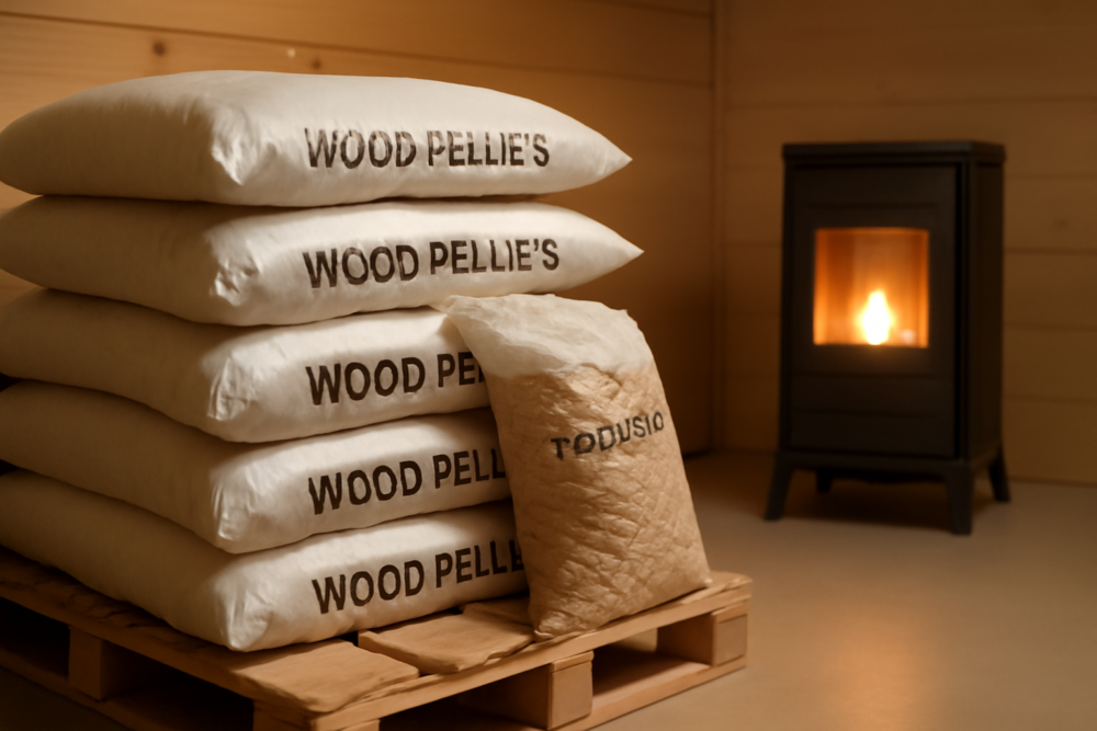 Pallet met zakken houtpellets in een droge opslagruimte naast een pelletkachel