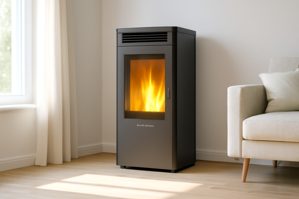 Haas+Sohn pelletkachel in een moderne woonkamer met houten vloer en natuurlijk licht