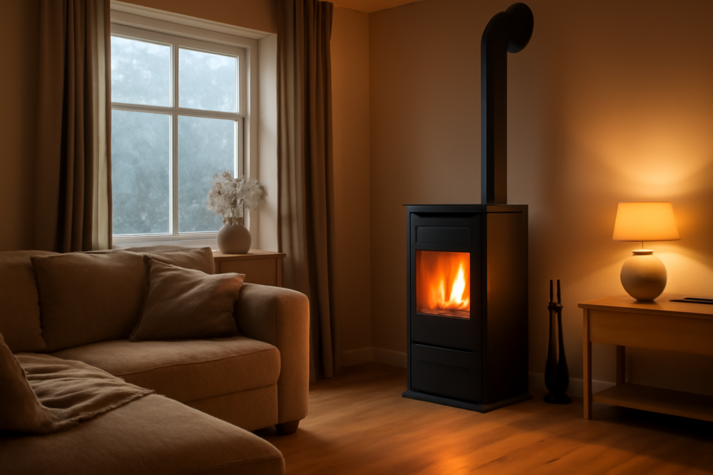 Pelletkachel als bijverwarming in een moderne woonkamer om de energierekening te verlagen