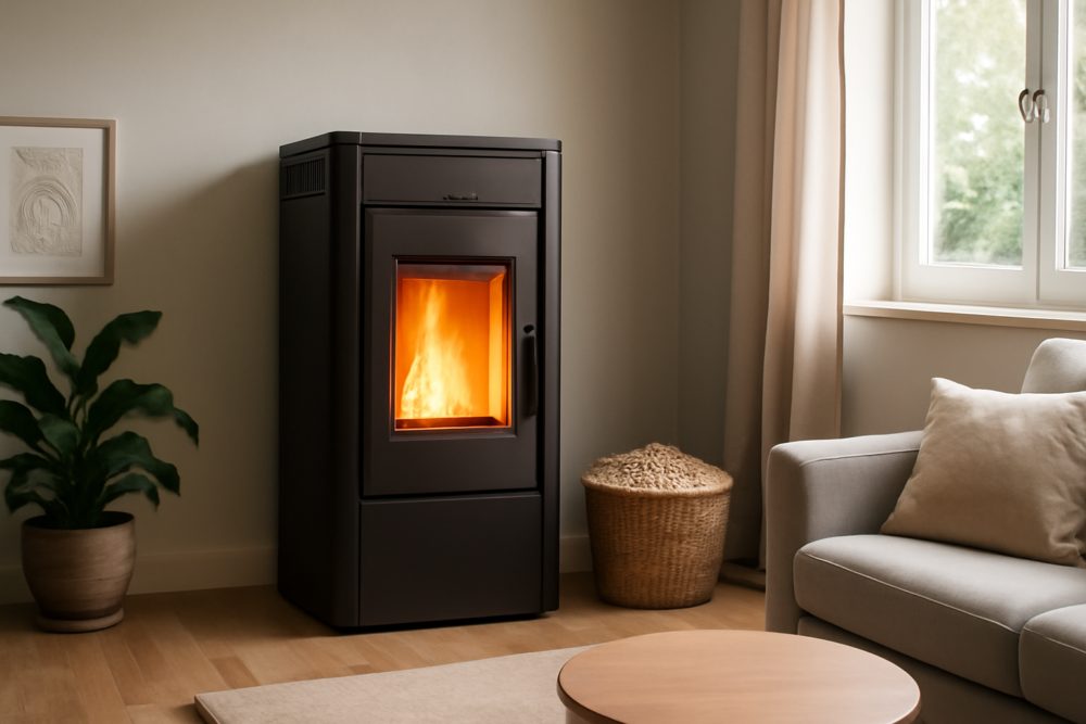 Moderne pelletkachel met hoog rendement in een gezellige woonkamer met pellets
