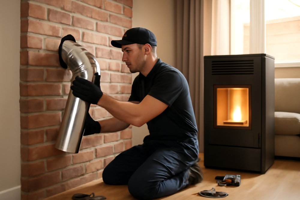 Installateur plaatst rookkanaal voor pelletkachel in moderne woonkamer