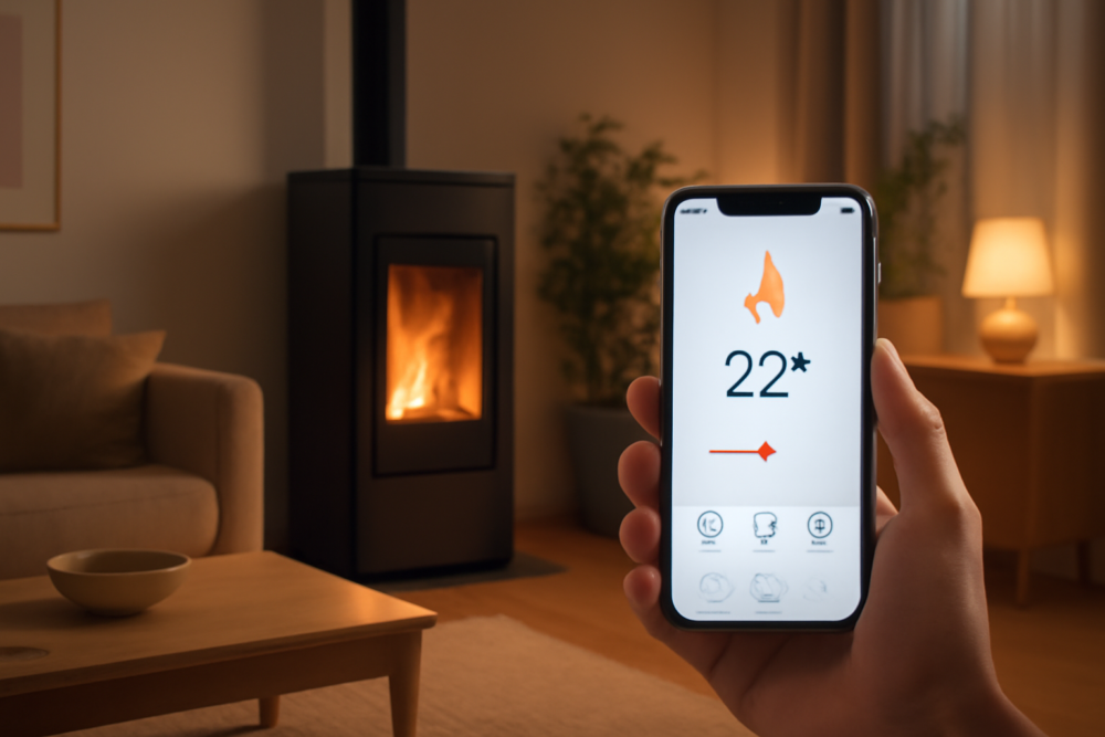 Slimme pelletkachel bediend via een wifi app op een smartphone in een moderne woonkamer