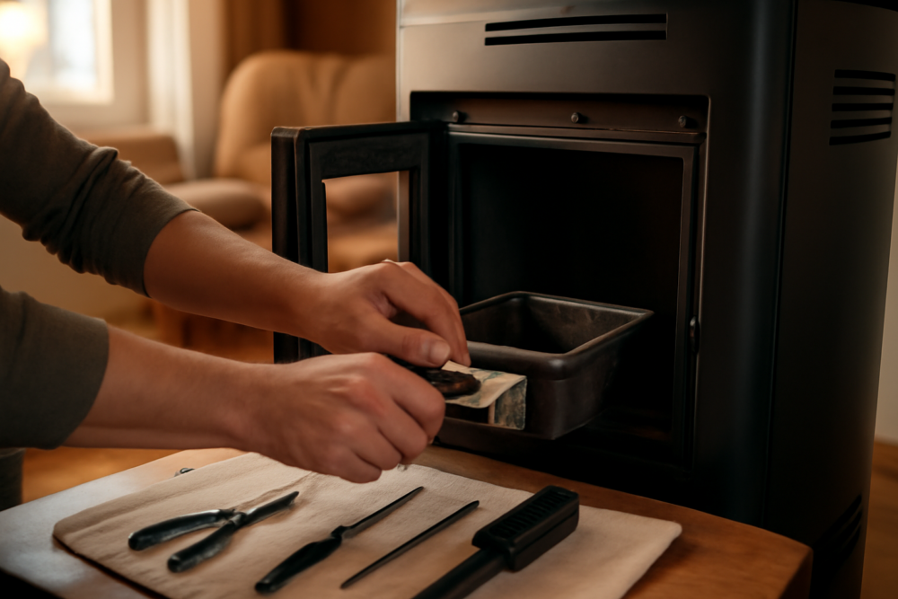 Persoon die zelf onderhoud uitvoert aan een pelletkachel met reinigingsgereedschap