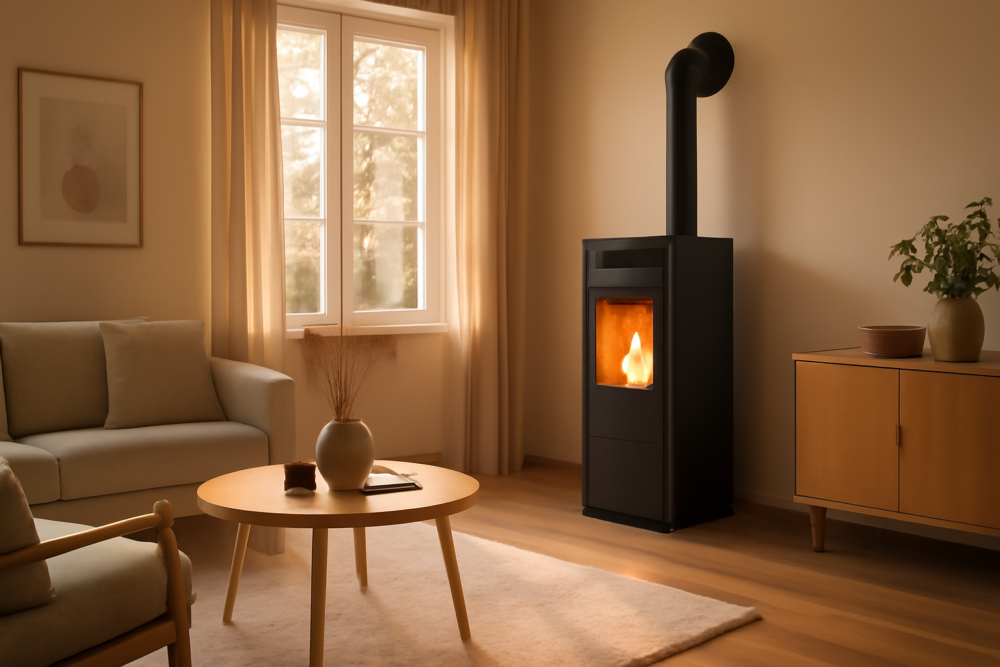 Vrijstaande pelletkachel in een moderne woonkamer met warme sfeerverlichting