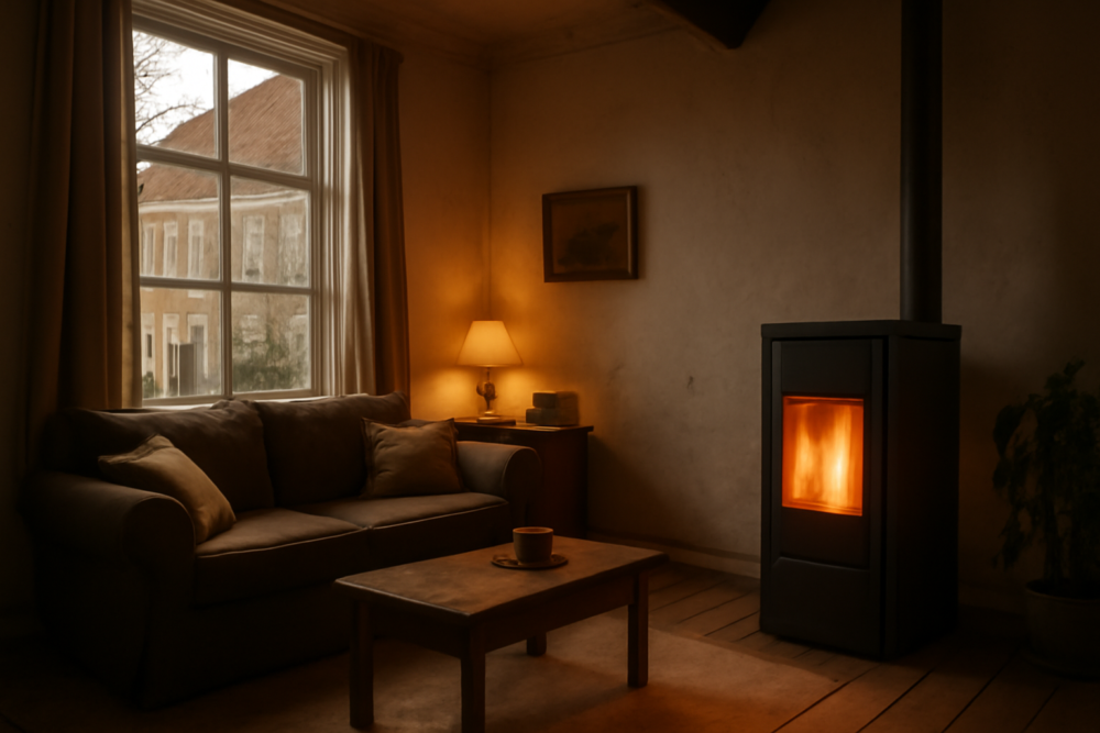 Moderne pelletkachel in een slecht geïsoleerd oud woonhuis met warme sfeerverlichting