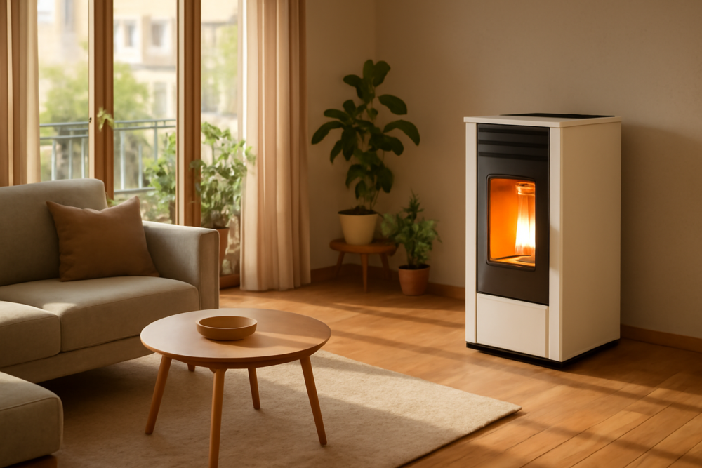 Moderne pelletkachel in een woonkamer, warm brandend en sfeervol opgesteld