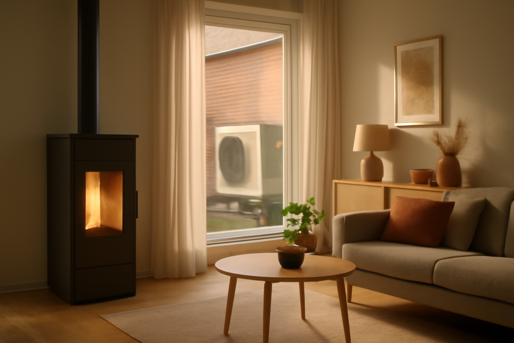 Pelletkachel in woonkamer vergeleken met warmtepomp buiten aan de gevel