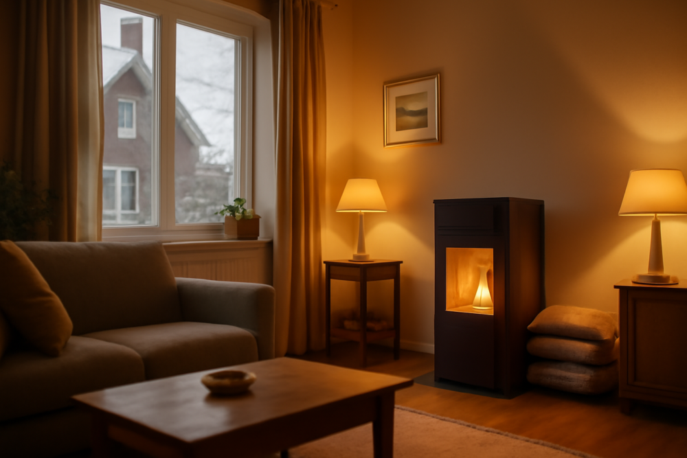 Moderne pelletkachel in een gezellige woonkamer met pelletverbruik berekening per woningtype