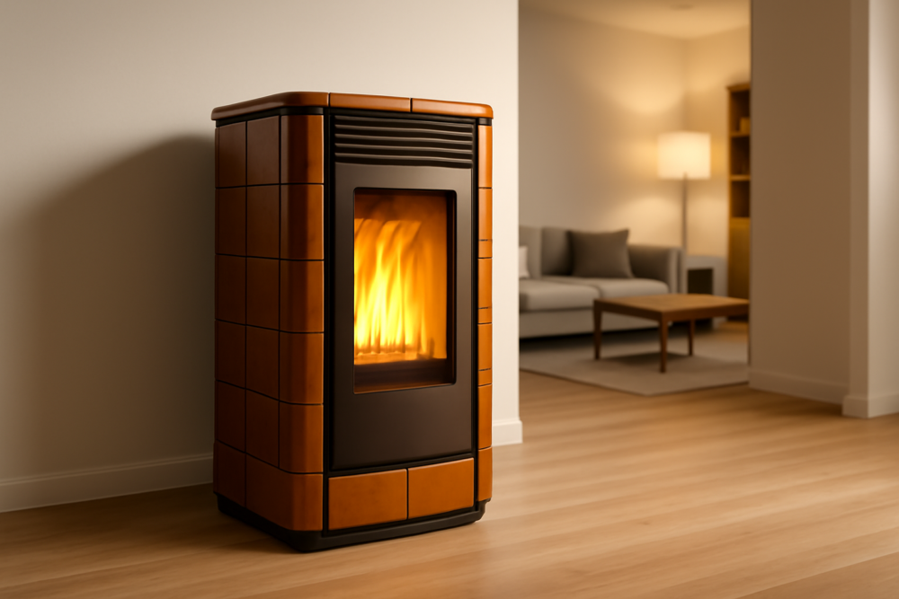 Piazzetta pelletkachel met keramische bekleding in modern woonkamerinterieur