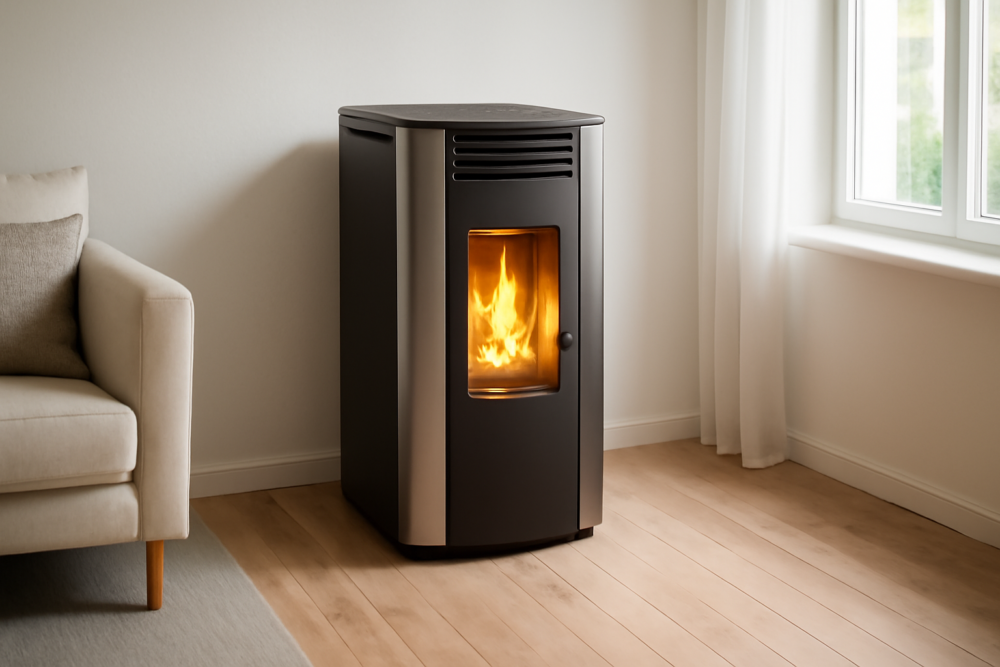 Rika pelletkachel in moderne woonkamer met zichtbare vlam en strak design
