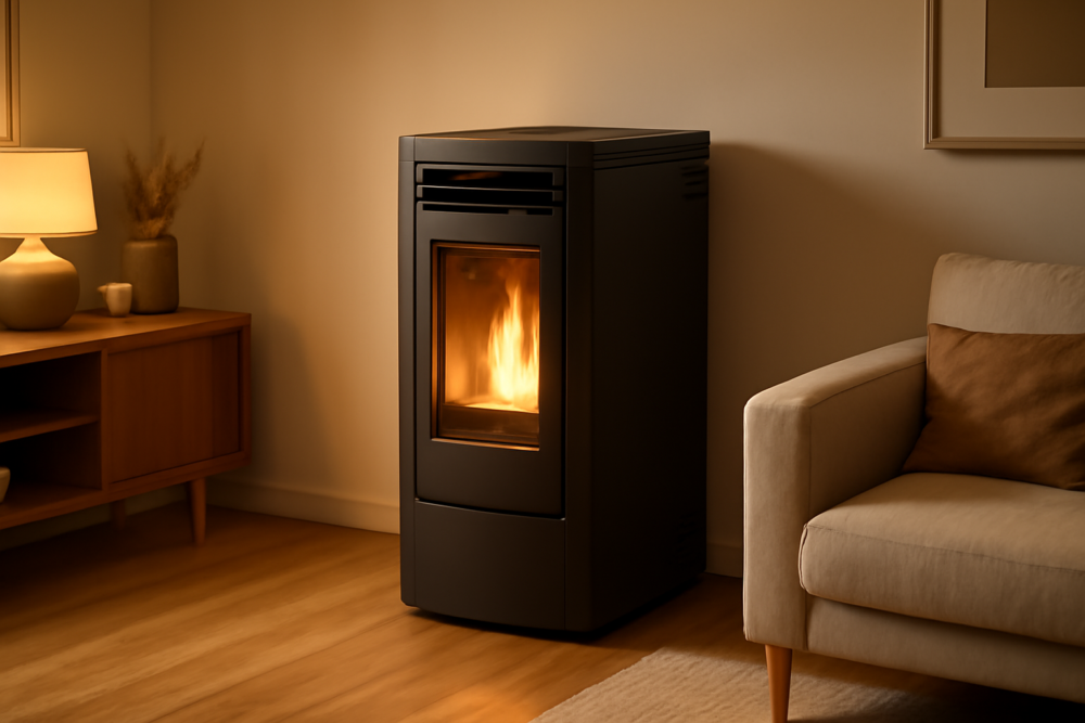 Thermorossi pelletkachel in een moderne woonkamer met warme sfeerverlichting