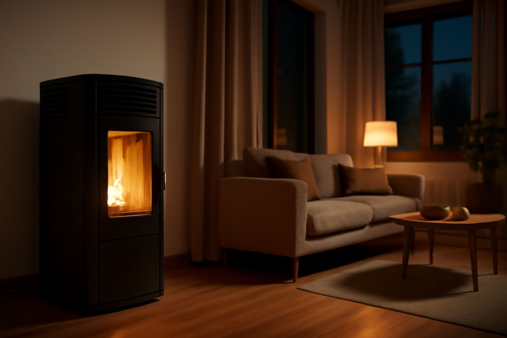 Stijlvolle zwarte Oranier pelletkachel in een moderne woonkamer met houten vloer