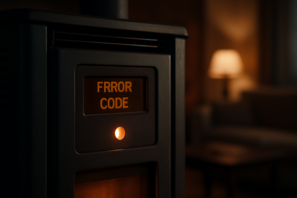 Pelletkachel met foutcode op het display in een woonkamer