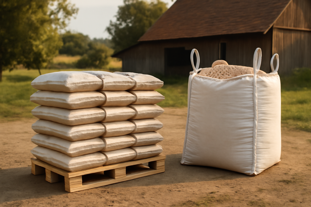 Pallet met pellettzakken en een bigbag houtpellets naast elkaar op een erf