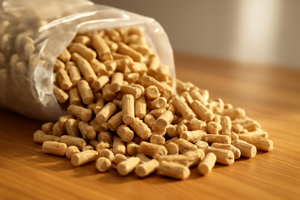 Hoogwaardige houtpellets met gladde oppervlakte en uniforme afmeting op houten ondergrond