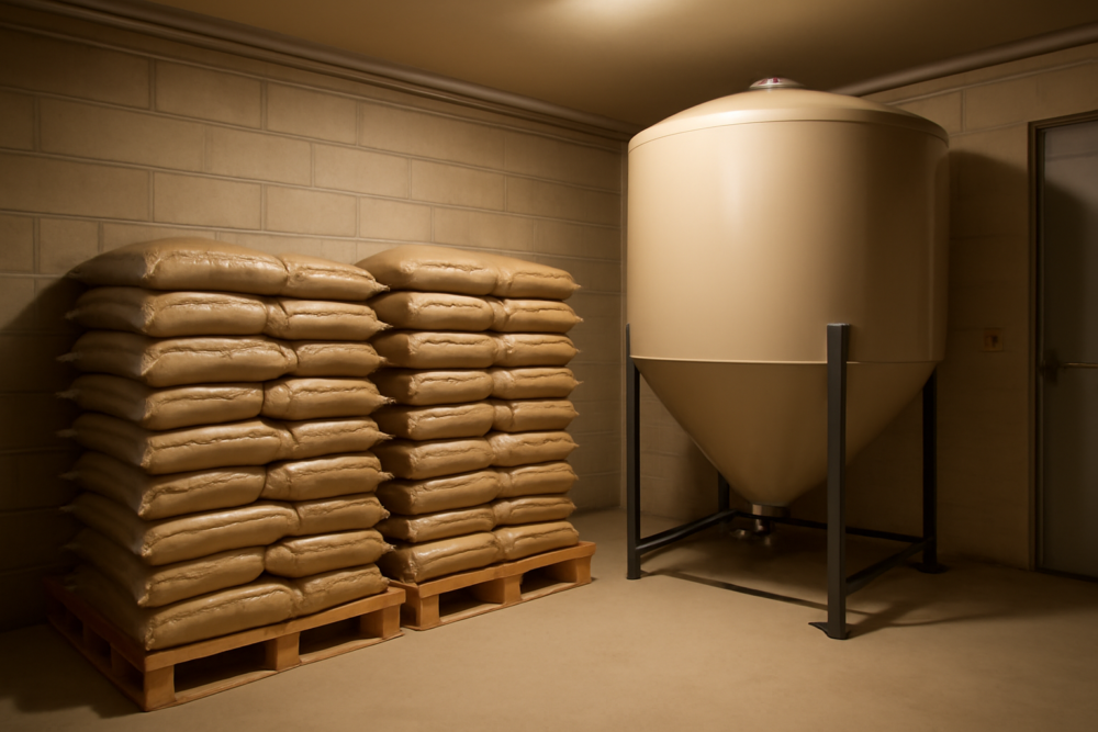 Houtpellets opgeslagen in zakken op pallets en een pelletsilo in een droge garage