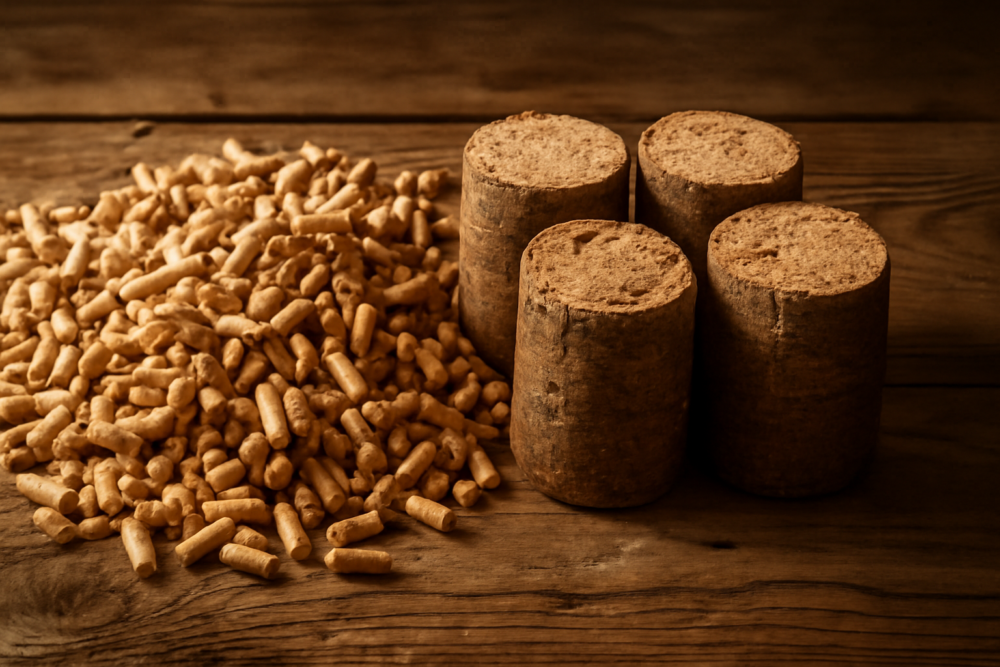 Houtpellets en houtbriketten naast elkaar op een houten ondergrond, vergelijking van brandstoffen