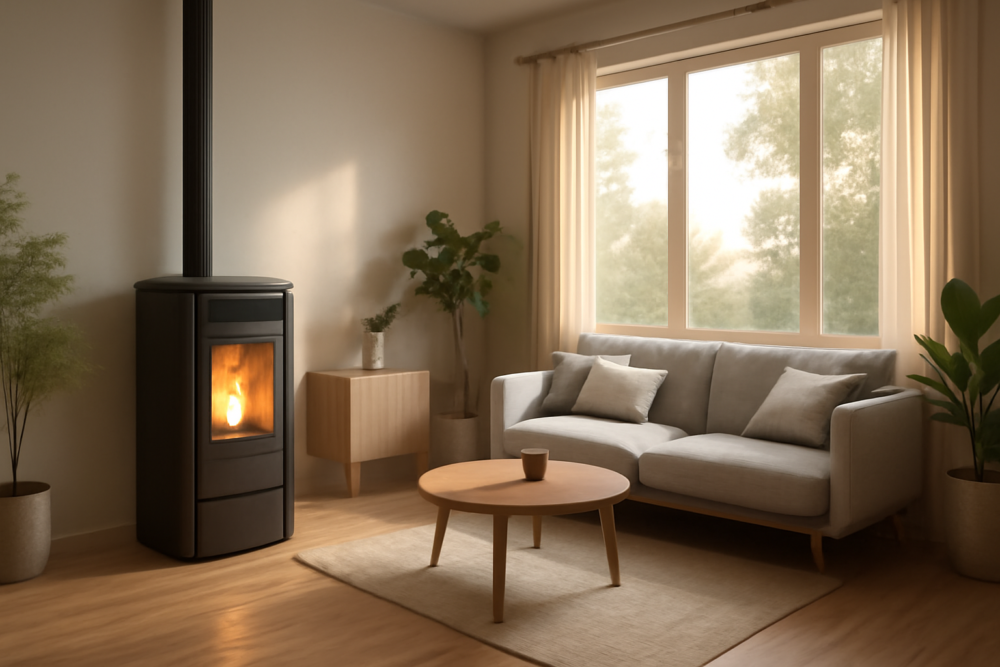 Moderne pelletkachel in een gezellige woonkamer met warme sfeerverlichting en houten vloer