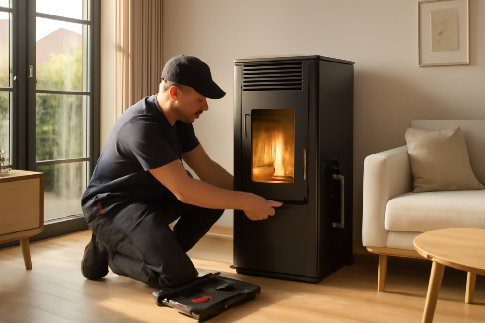 Installateur plaatst een pelletkachel in een moderne Nederlandse woonkamer