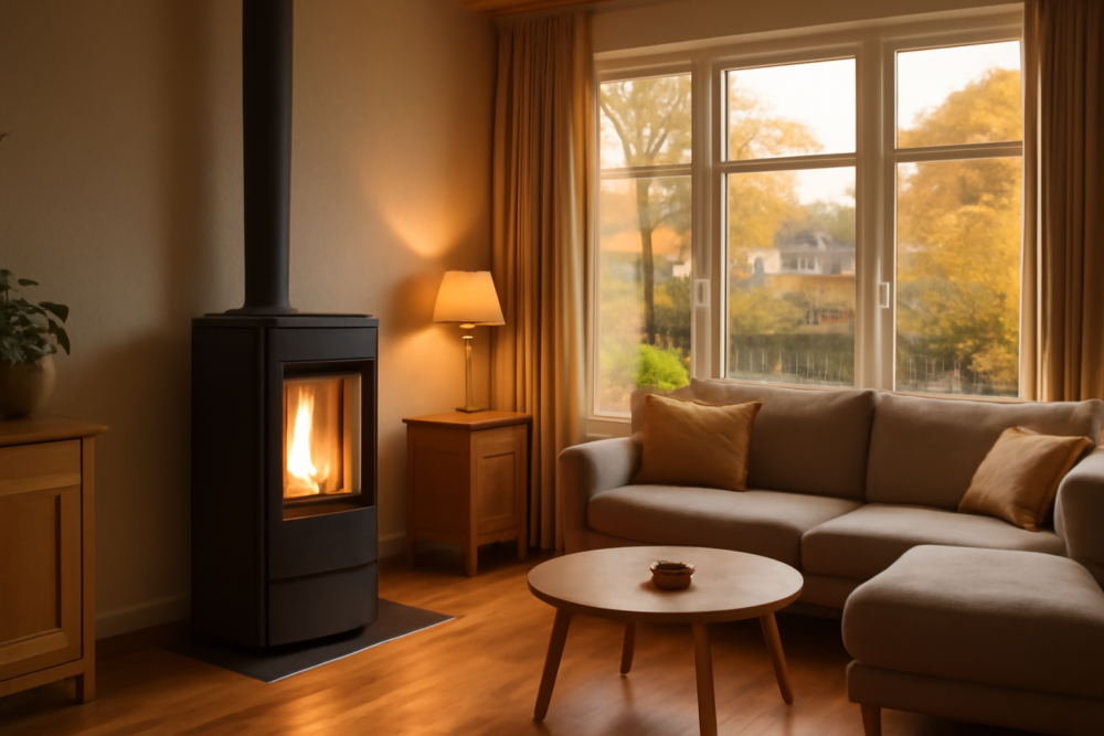 Pelletkachel als bijverwarming in een moderne woonkamer met warme sfeerverlichting