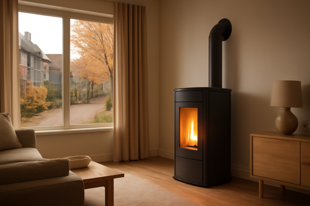 Pelletkachel in moderne woonkamer als alternatief voor gasverwarming in een aardgasvrije wijk