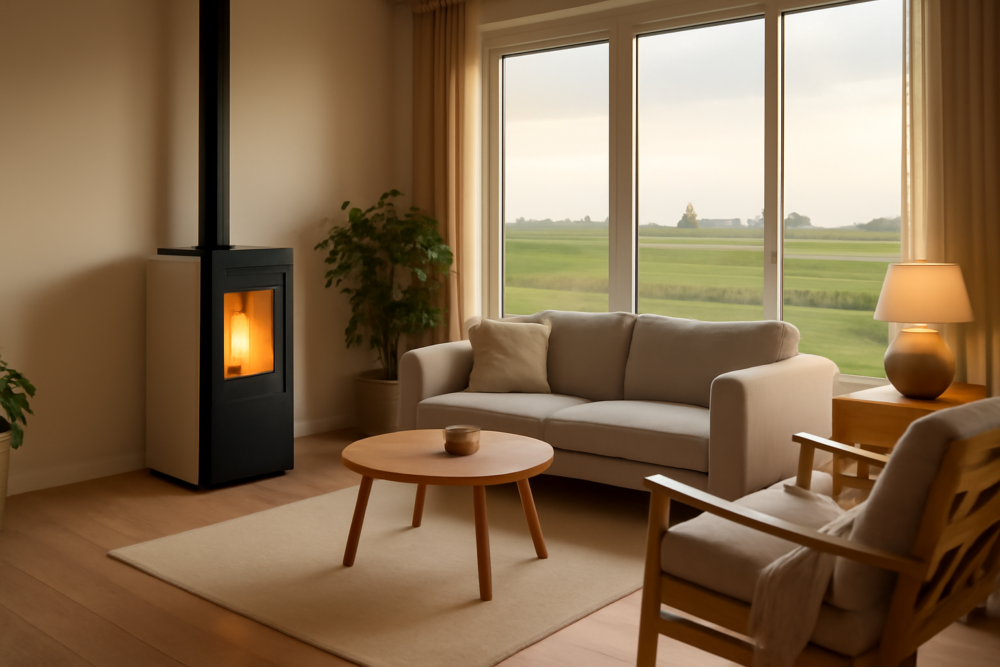 Moderne pelletkachel in een Nederlandse woonkamer met uitzicht op Noord-Hollands landschap