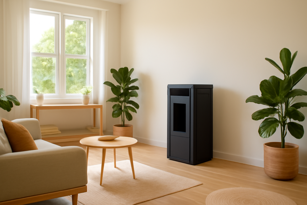 Moderne pelletkachel in een lichte woonkamer tijdens de zomer, klaar voor het stookseizoen