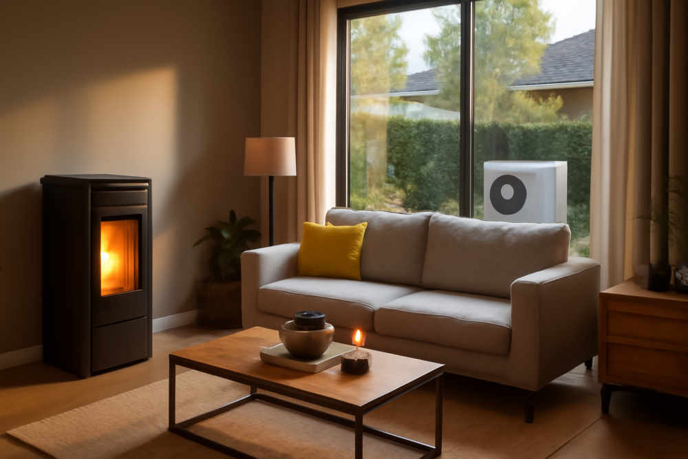 Pelletkachel in woonkamer naast warmtepomp buiten in de tuin, duurzame verwarming 2026