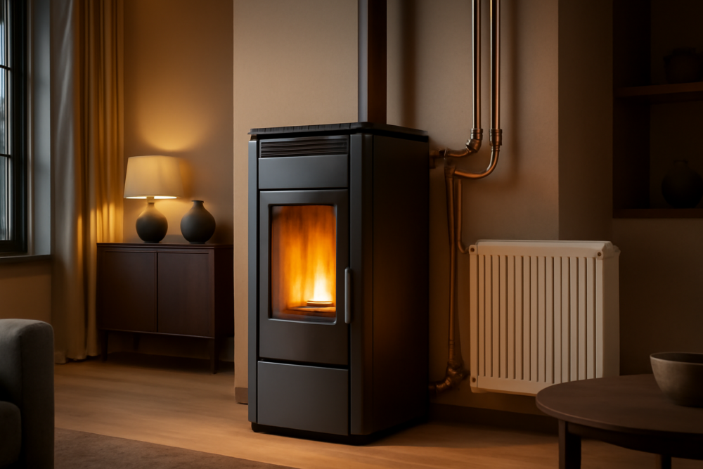 Pelletkachel met watermantel aangesloten op centrale verwarming in een moderne woonkamer