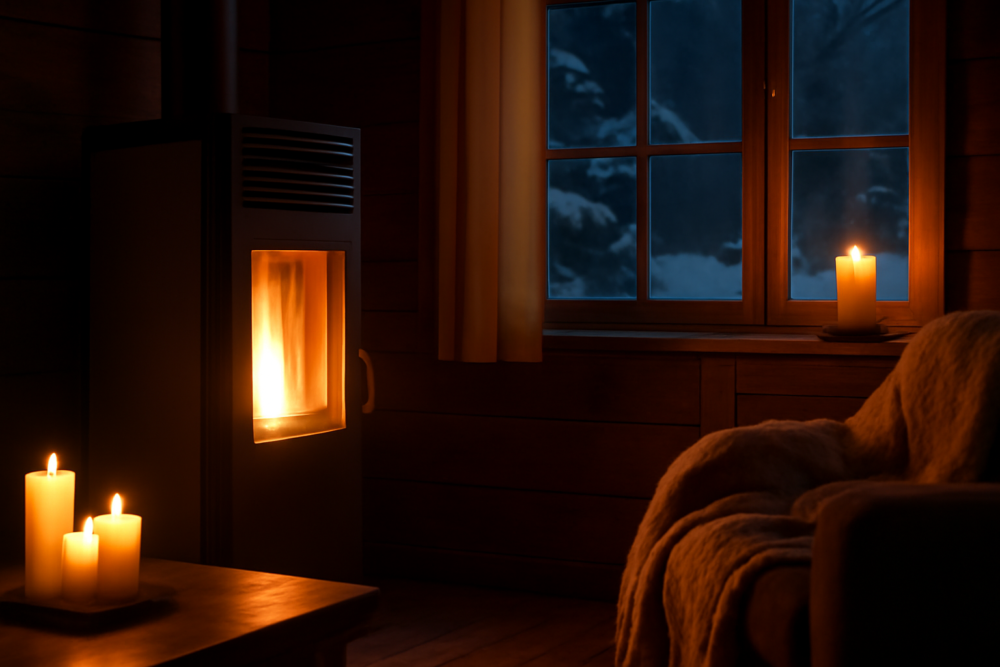 Pelletkachel die warmte geeft tijdens een stroomstoring in een gezellige woonkamer