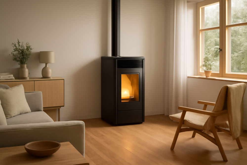 Moderne pelletkachel in een stijlvolle woonkamer die bijdraagt aan de woningwaarde