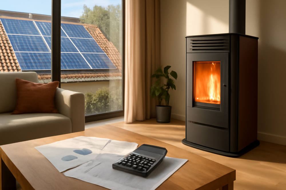 Pelletkachel in woonkamer met zonnepanelen op dak en rekenmachine op tafel