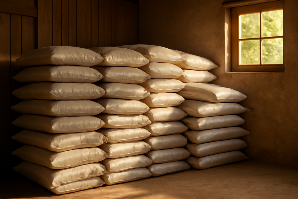 Pallets met houtpellets in zakken opgeslagen in een droge opslagruimte vóór de winter