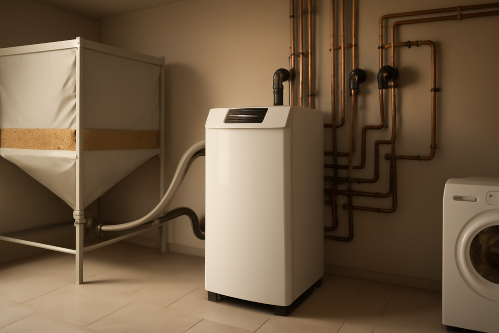 Pelletketel als volledige gasvervanging in een moderne technische ruimte