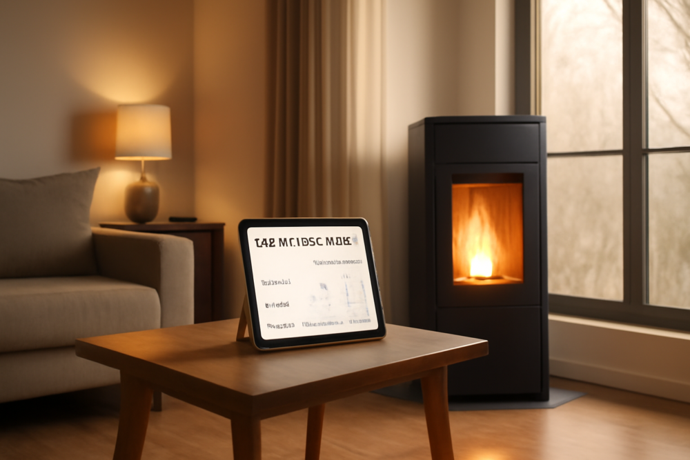 Pelletkachel in woonkamer naast tablet met energiecontract vergelijking